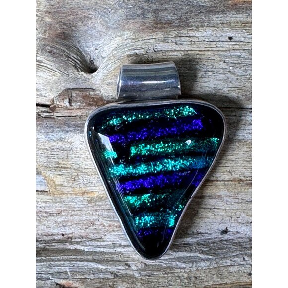 Sterling Silver Handmade Pendant With Blue & Green Dichroic Glass Stripes - Picture 1 of 6